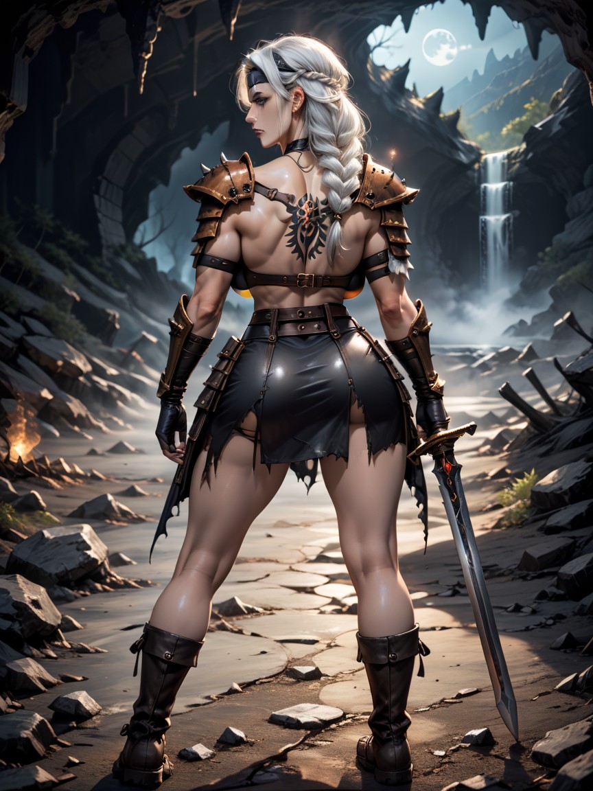 One Shoulder Exposed, Bright Blue Eyes, Two Handed Sword In Hands Hentai AI Porn
