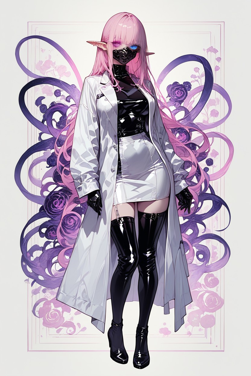Open Lab Coat, Pink Curls, Black Gloves AI Porn