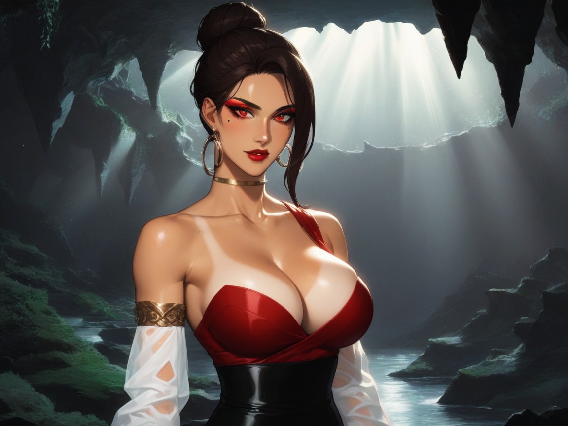 Red Sharp Eyeliner, Long Breast Width, Cleavage AI Porn