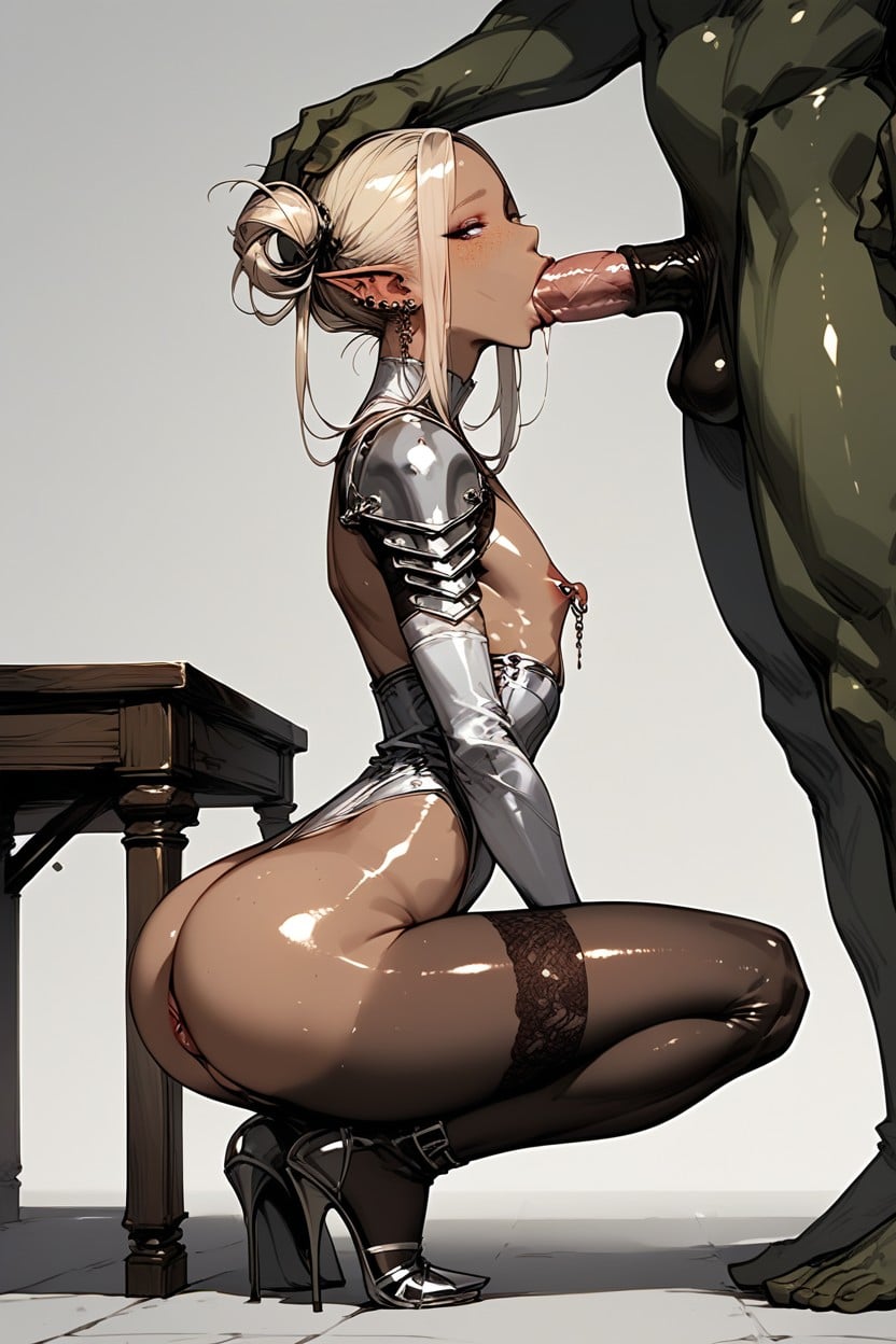 Black Lace Arm Sleeves, Very Big Pumped Up Lips, Nipple Piercings Hentai AI Porn