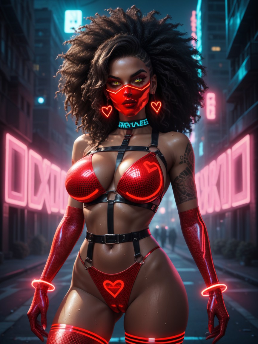 Metallic Red Neon Custom Evening Facemask, Posing, Nice Cameltoe AI Porn
