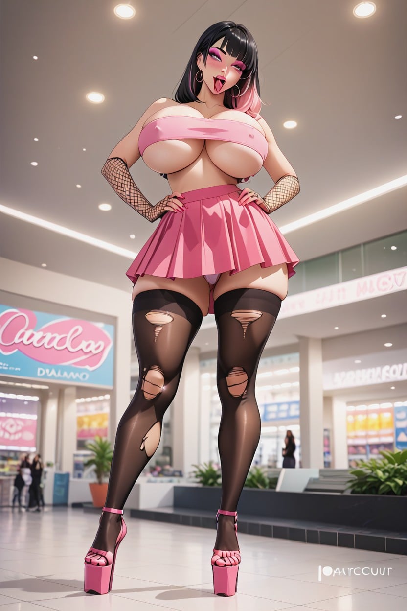 Bare Waist Showing, Enormous Breasts, Pink Open Toe Platform Heels Hentai AI Porn