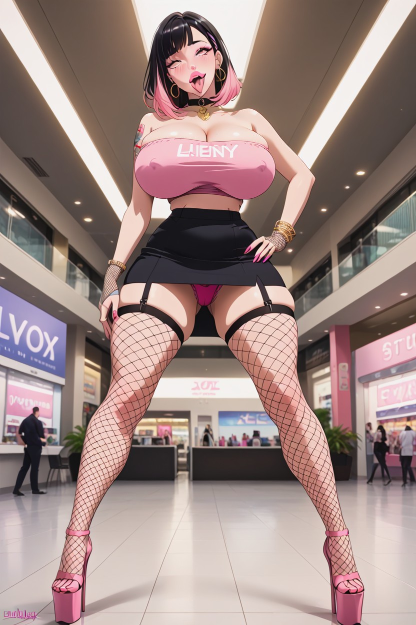 Pink Fishnet Stockings, Bottom Up (upskirt), View Between Legs Hentai AI Porn