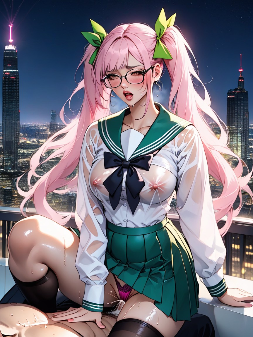 Lime Green Sailor Uniform, Skyscraper Penthouse, White Hair Ribbons Hentai AI Porn
