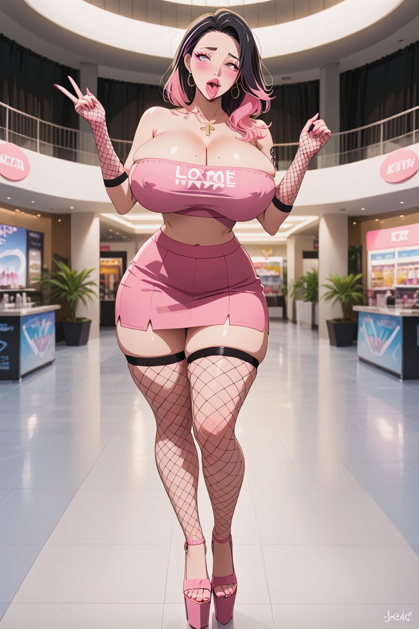 Bare Waist, Tube Top Only Covering Breasts, Many Tattoos Hentai AI Porn