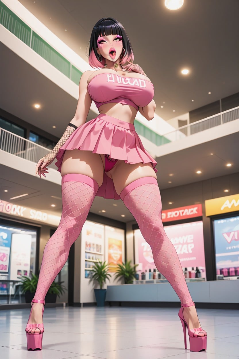 Pink Fishnet Gloves, Pink Tube Top, Tube Bra Hentai AI Porn