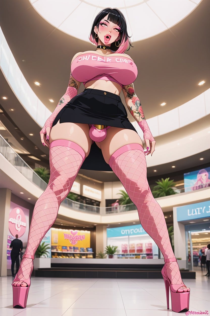 Pink Tube Top, Bare Waist Showing, Floor Up View Hentai AI Porn