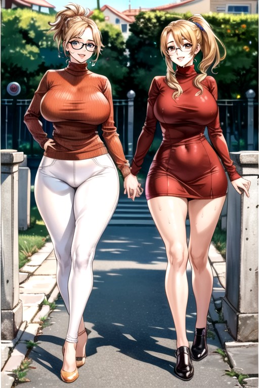 Male Grabbing Irma Left Tit, Light Blue Turtleneck Sweater, Full Body AI Porn