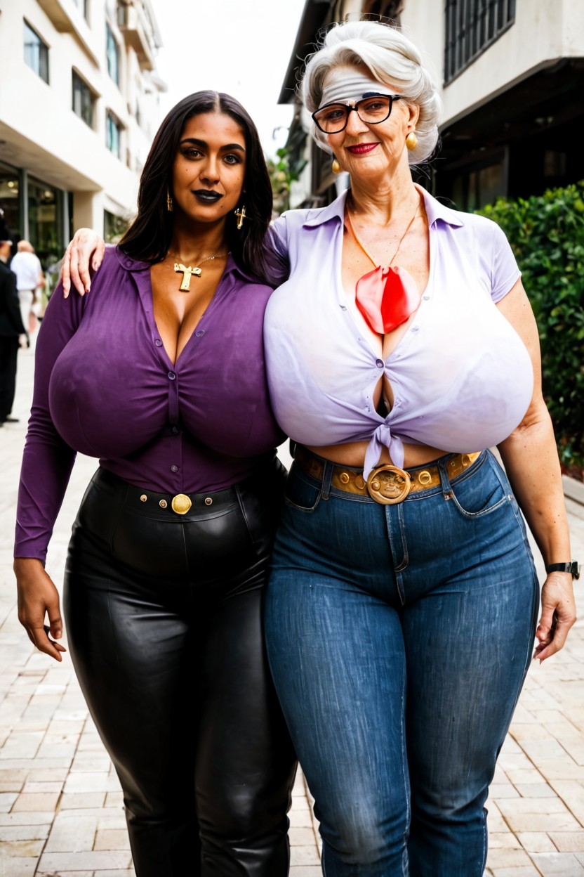 Huge Breasts Covered, Leather Jeans, Freckles Shemale AI Porn