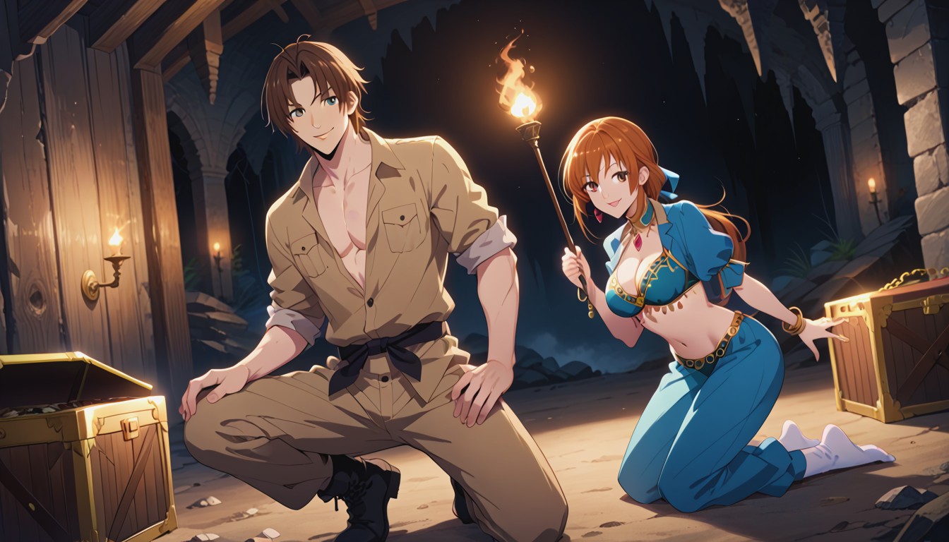 Female Wearing Light Blue Belly Dancer Outfit, Dark Cave Chamber, Female Bending Forward Hentai AI Porn