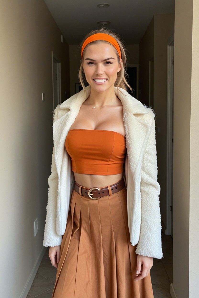 Dark Orange Top, Long Sandy Coloured Skirt, Full Body AI Porn
