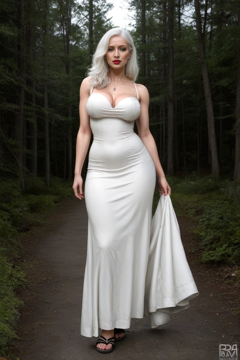 White Tight Dress, Albino Skin, Dark Forest Background AI Porn