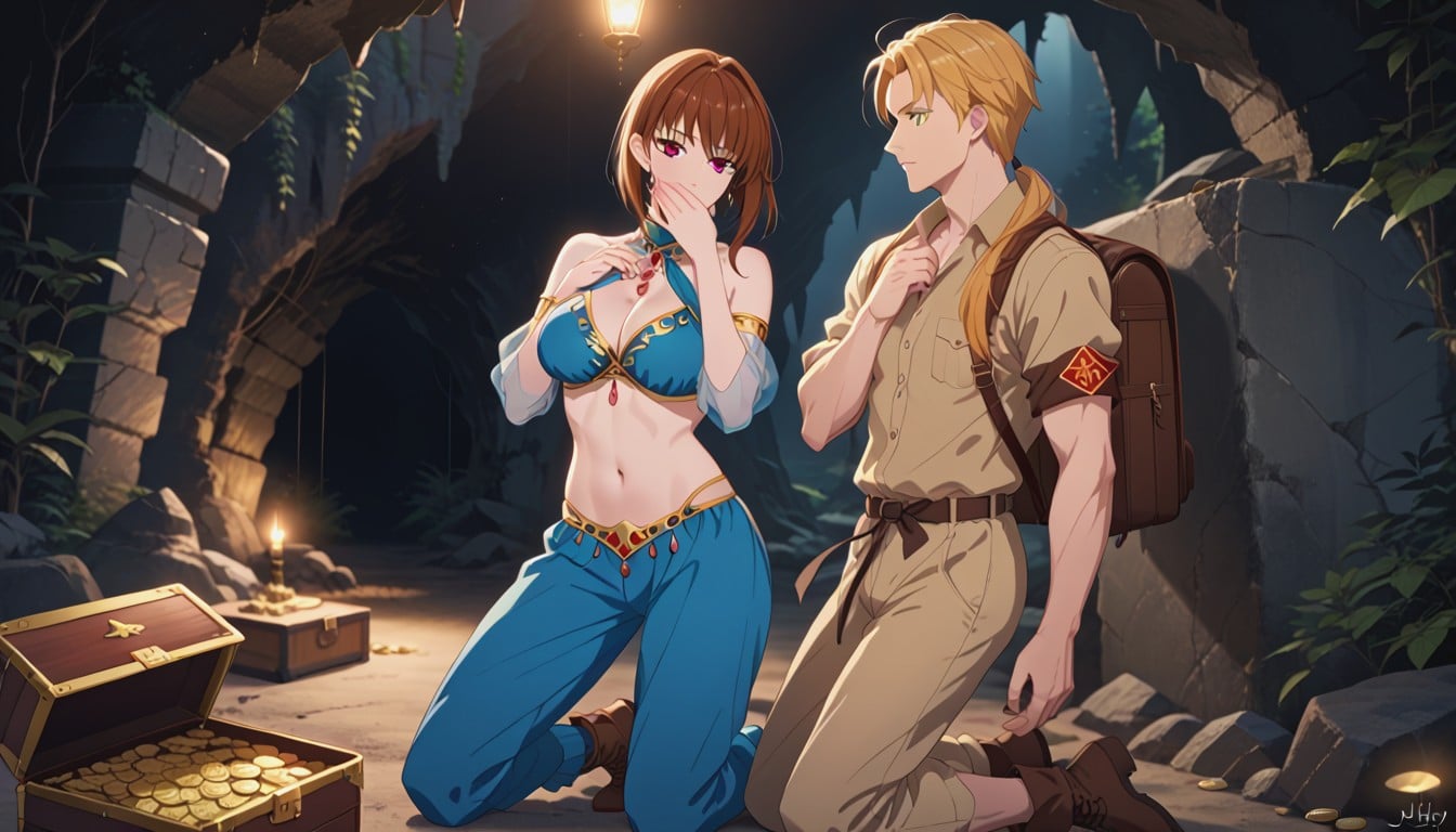 Dimly Lit, Big Treasure Chest Opened Full Of Shiny Gems And Gold Coins, Male Is Ken Masters From Street Fighter Hentai AI Porn