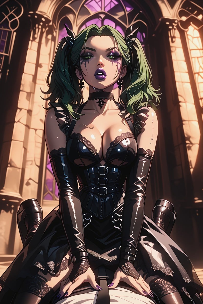 Sensual", Green Hair, Skin "porcelain Flawless Texture" Hentai AI Porn