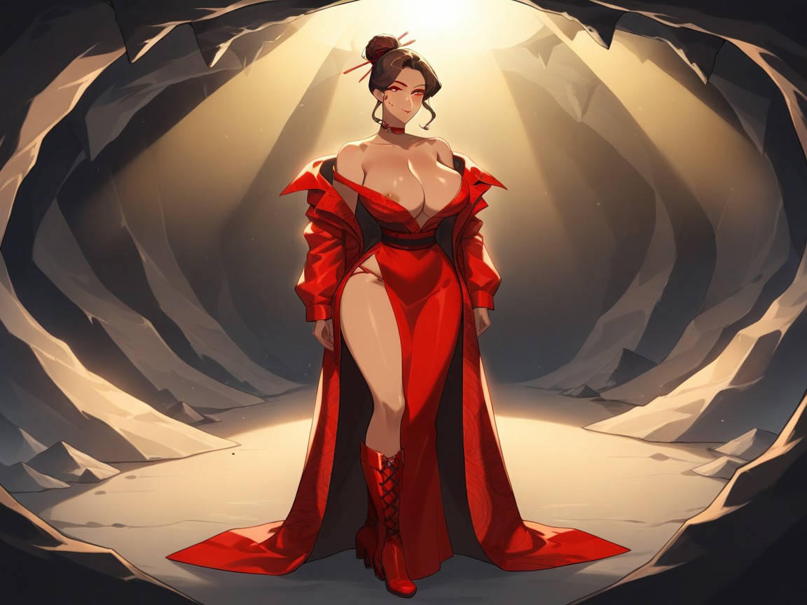 Red Snake Print Fitted Tactical Coat, Cave, Long Legs Hentai AI Porn