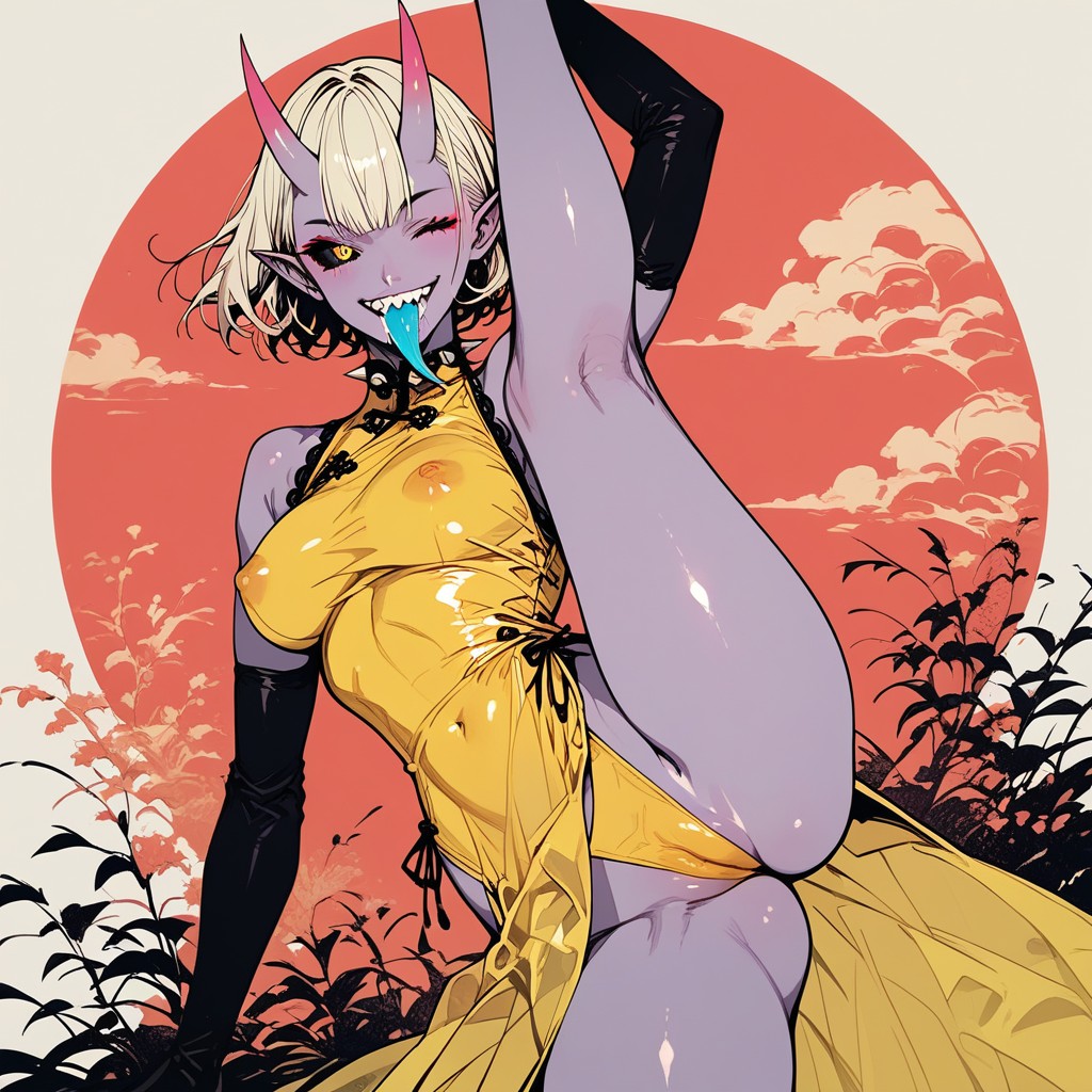 Wearing Cheongsam Style Leotard, Purple Skin, Perfect Anatomy Hentai AI Porn