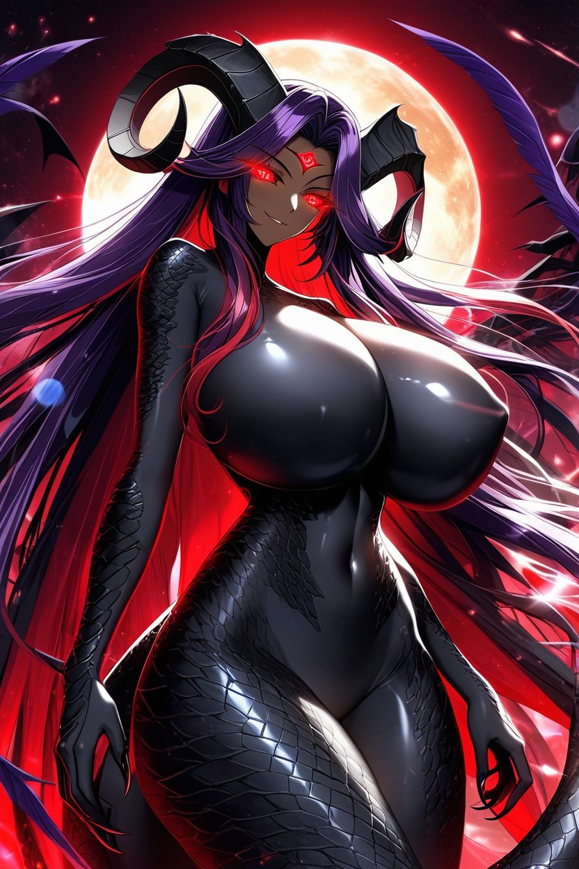 Thighs Covered In Dark Red Fur, Purple Hair With Red Highlights, Enormous Purple Feathered Bird Wings Hentai IA