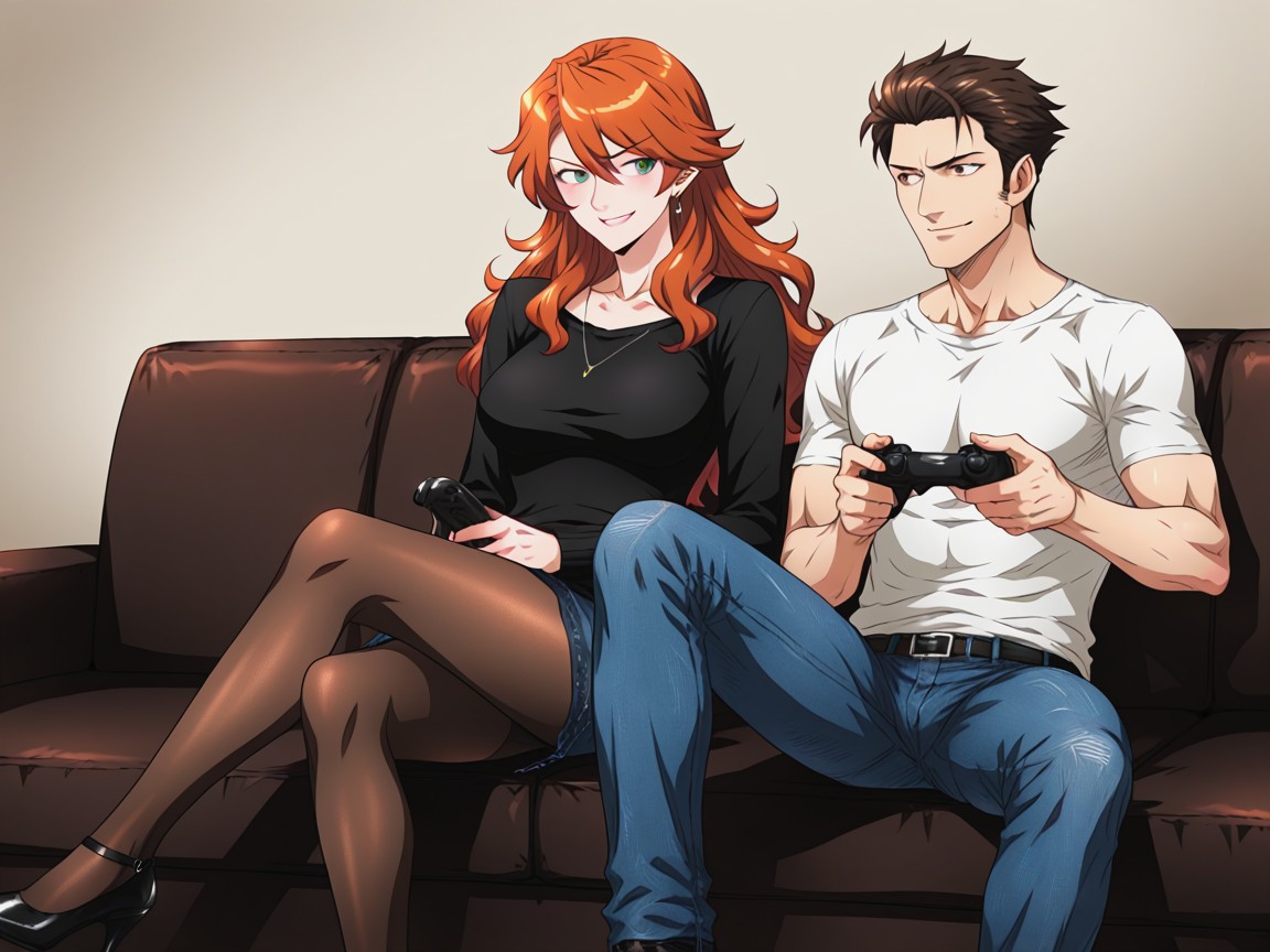 Male Holding Controller, Woman Looking At Dick, Dominant Female Hentai AI Porn