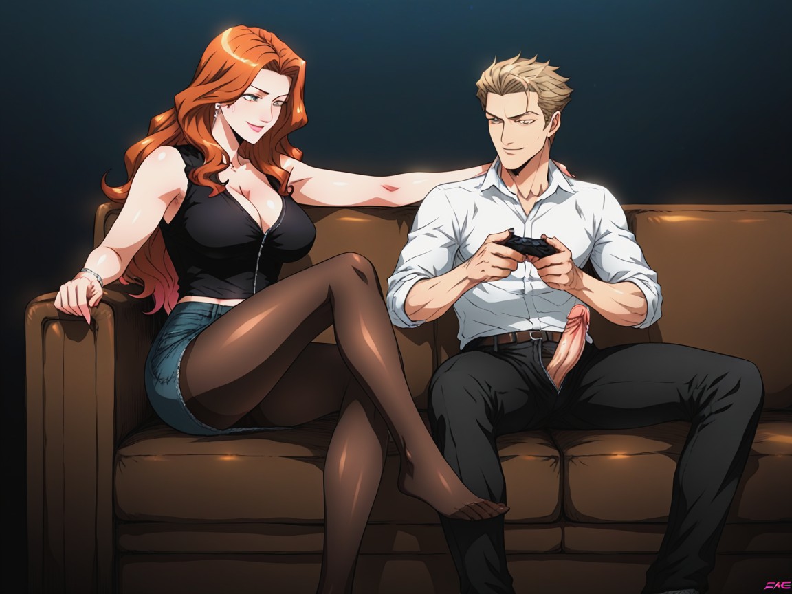 Only Man Holding Controller, Woman In Pantyhose, Man With Embarrased Expression Hentai AI Porn