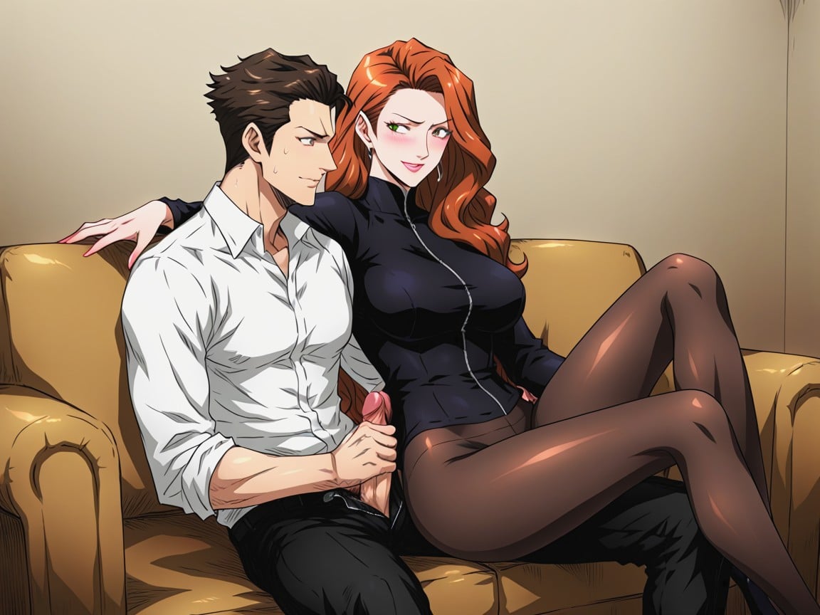 Woman Taller Than Man, Man Penis Out, Full Body Hentai AI Porn
