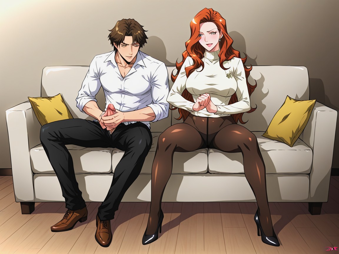 Womans Hand On Dick, Woman Smirking, Submissive Male Hentai AI Porn