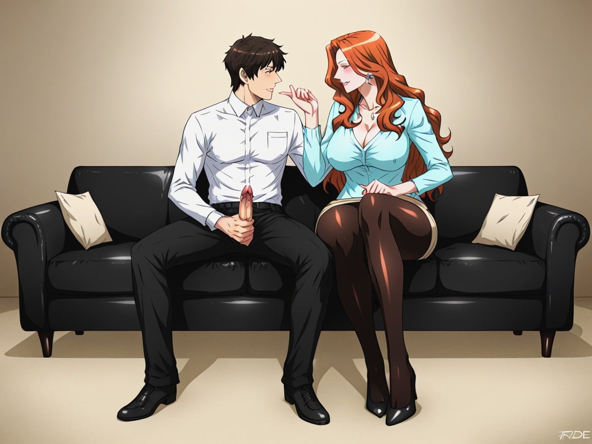 Brown Hair Man, Submissive Male, Smirking Female Hentai AI Porn