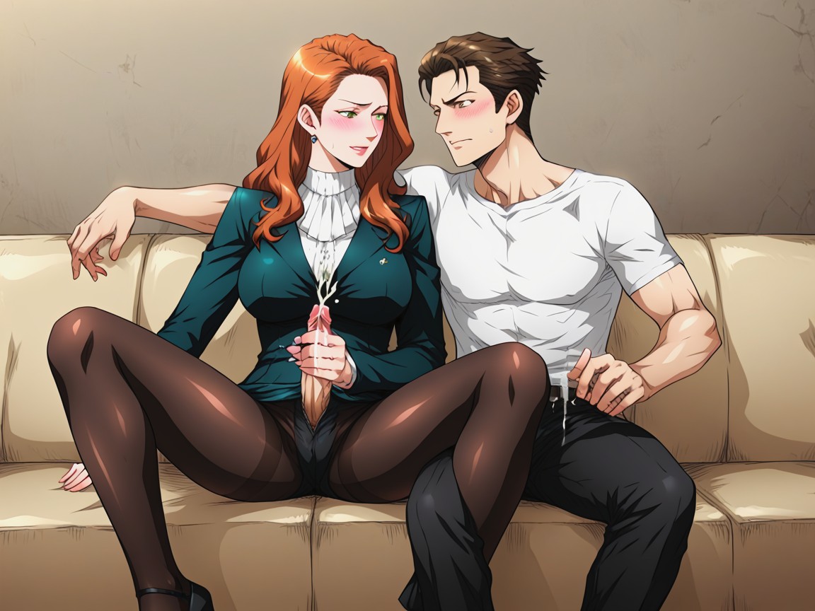 Woman Giving Handjob, Man Unzipped Pants, Weak Man Hentai AI Porn