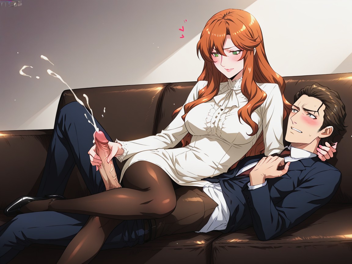 Woman Giving Handjob, Man Unzipped Pants, Dimunitive Man Hentai AI Porn