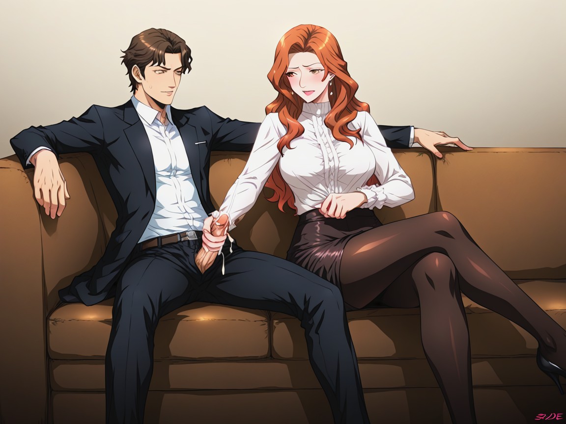 Brown Hair Man, Smirking Female, Ginger Female Hentai AI Porn