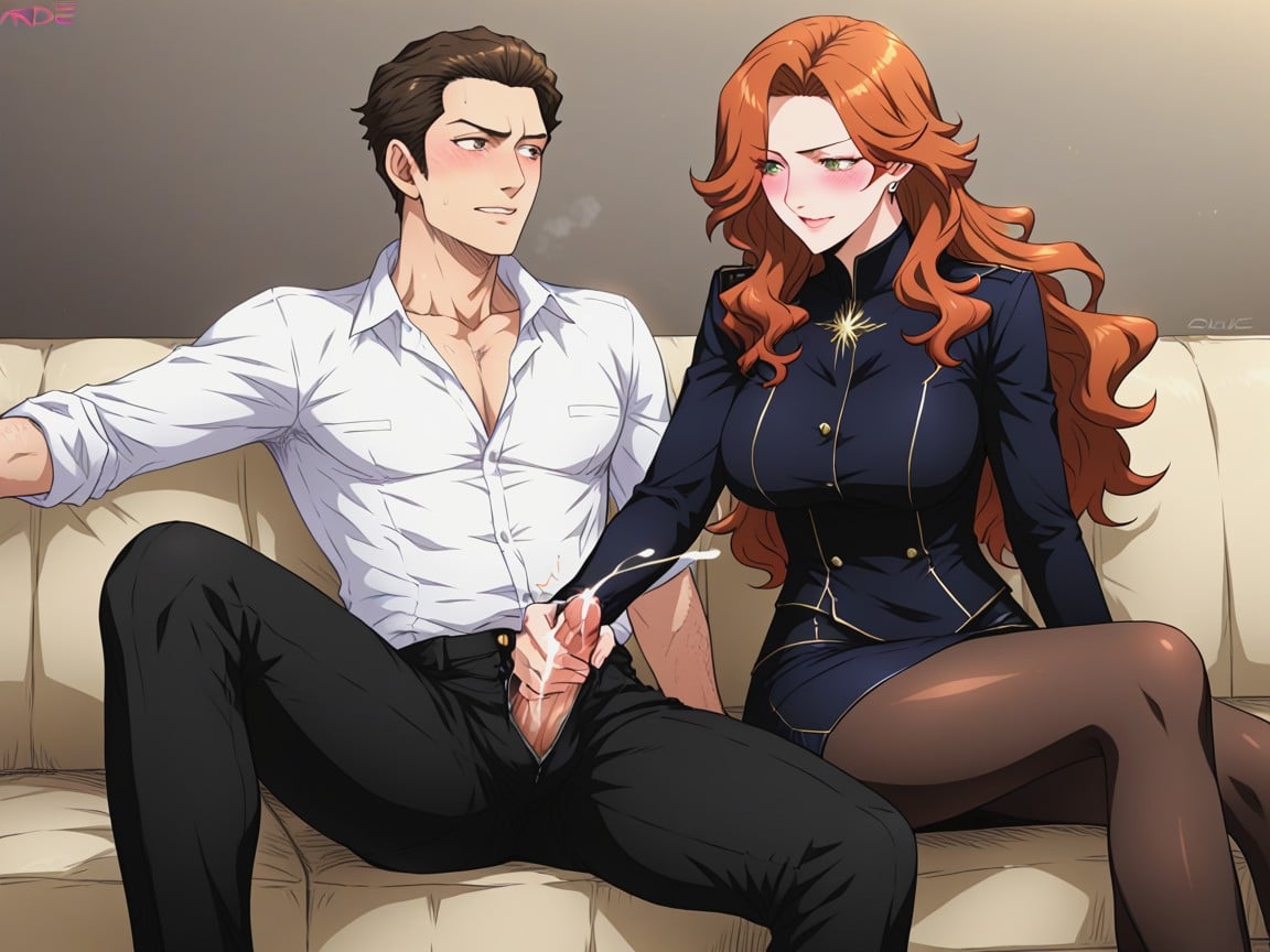 Woman Wearing Pantyhose, One Man, Male With Erection Hentai AI Porn