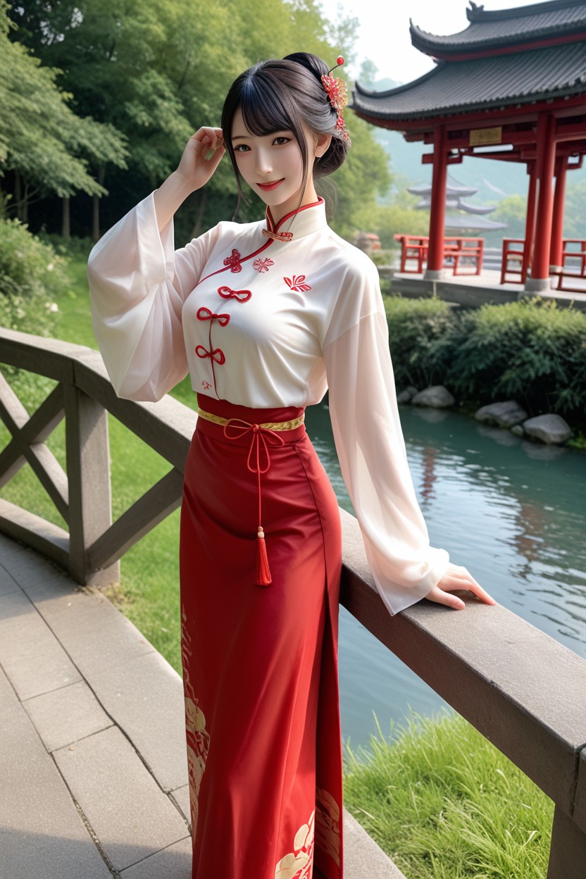 Traditional Chinese Updo, Leaning On Fence, Daytime Porno IA Asiatique