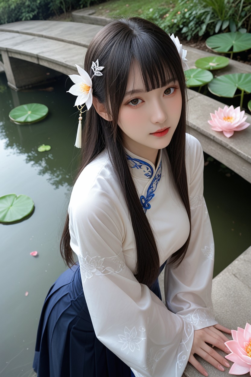 Hanfu Skirt Covering Feet, Very Long Hanfu Skirt, Arms Sticking Together With Open Palms Asian AI Porn