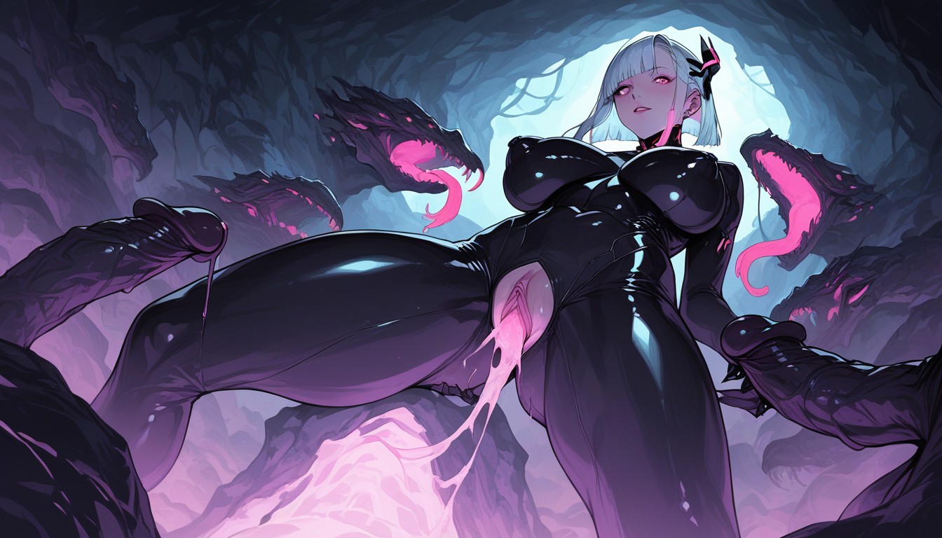Soft Blue Green Bioluminescence Outlining Her Silhouette, Short Length, Futuristic Black Bodysuit Hentai AI Porn
