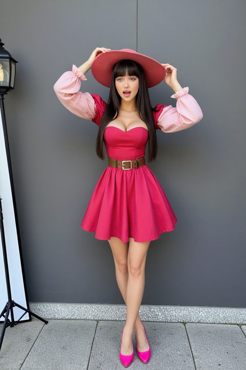 Thigh Length Dress, Cleavage, Gripping The Hat AI Porn