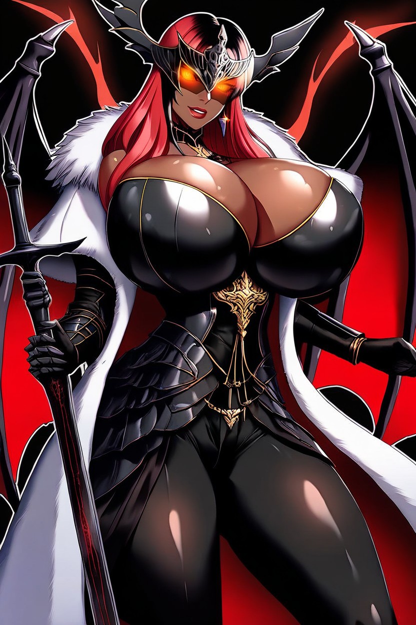 Gold Wing Helmet Visor Covering Glowing Eyes, Head Wings, Noble Latina AI Porn