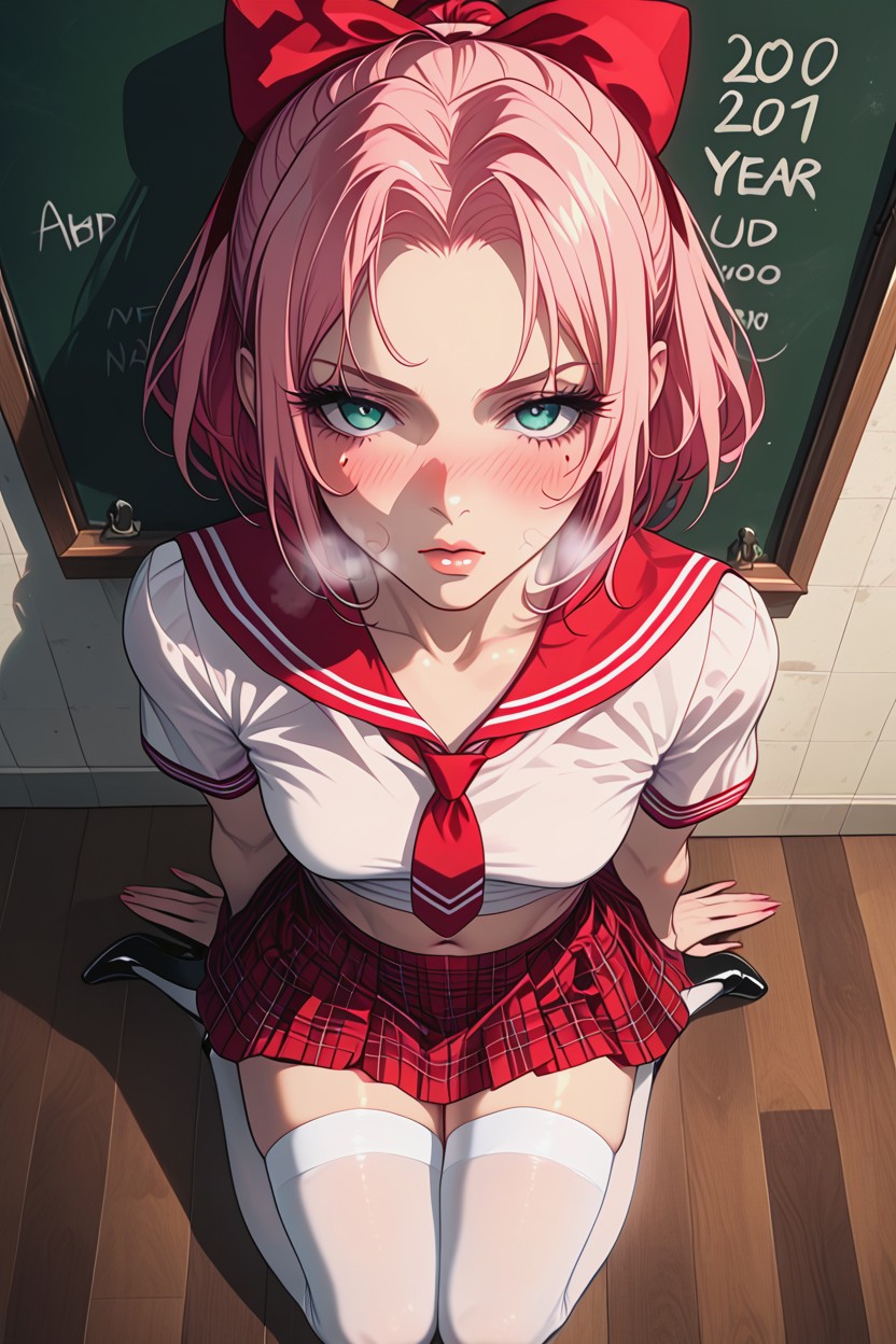 Moaning, Red Plaid Skirt, Navel Exposed Hentai AI Porn