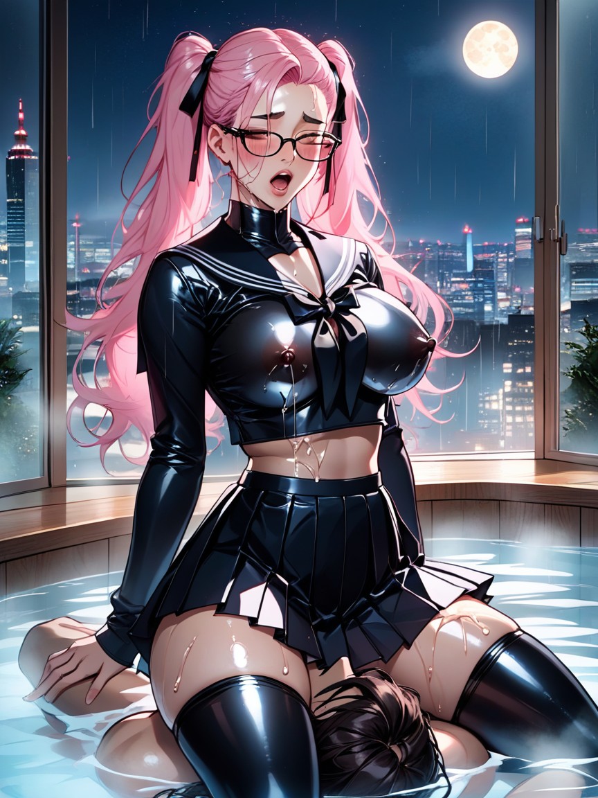 Night Japanese Cityscape View, Black Latex Sailor Uniform, External Moon Lighting Hentai AI Porn