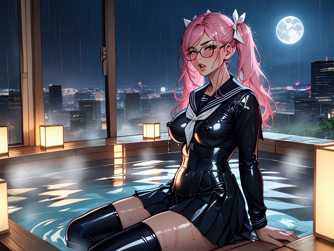 Futuristic Penthouse Skyscraper, Extremely Oiled Skin, Snatched Waist Hentai AI Porn
