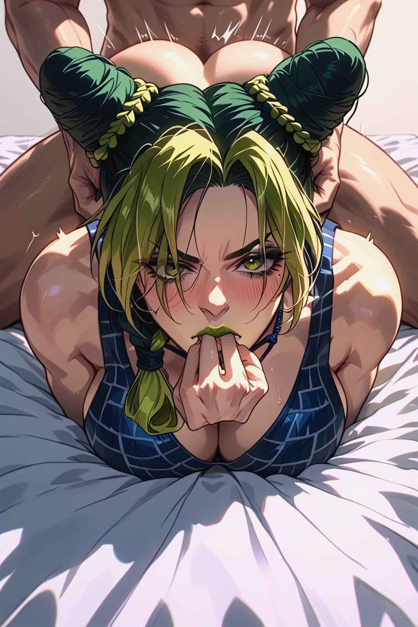Embarrassed , Bed, Jolyne Cujoh Hentai AI Porn