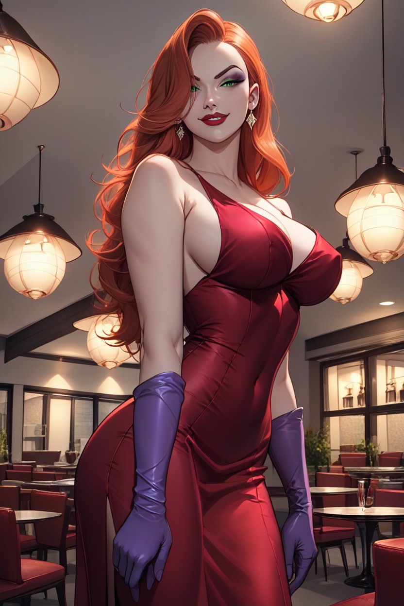 Restaurant, Purple Latex Gloves, Standing Like Model Hentai AI Porn