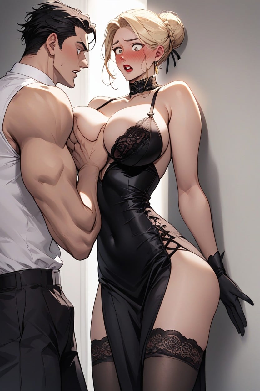 Surprised, One Man, Tight Black Dress Hentai AI Porn