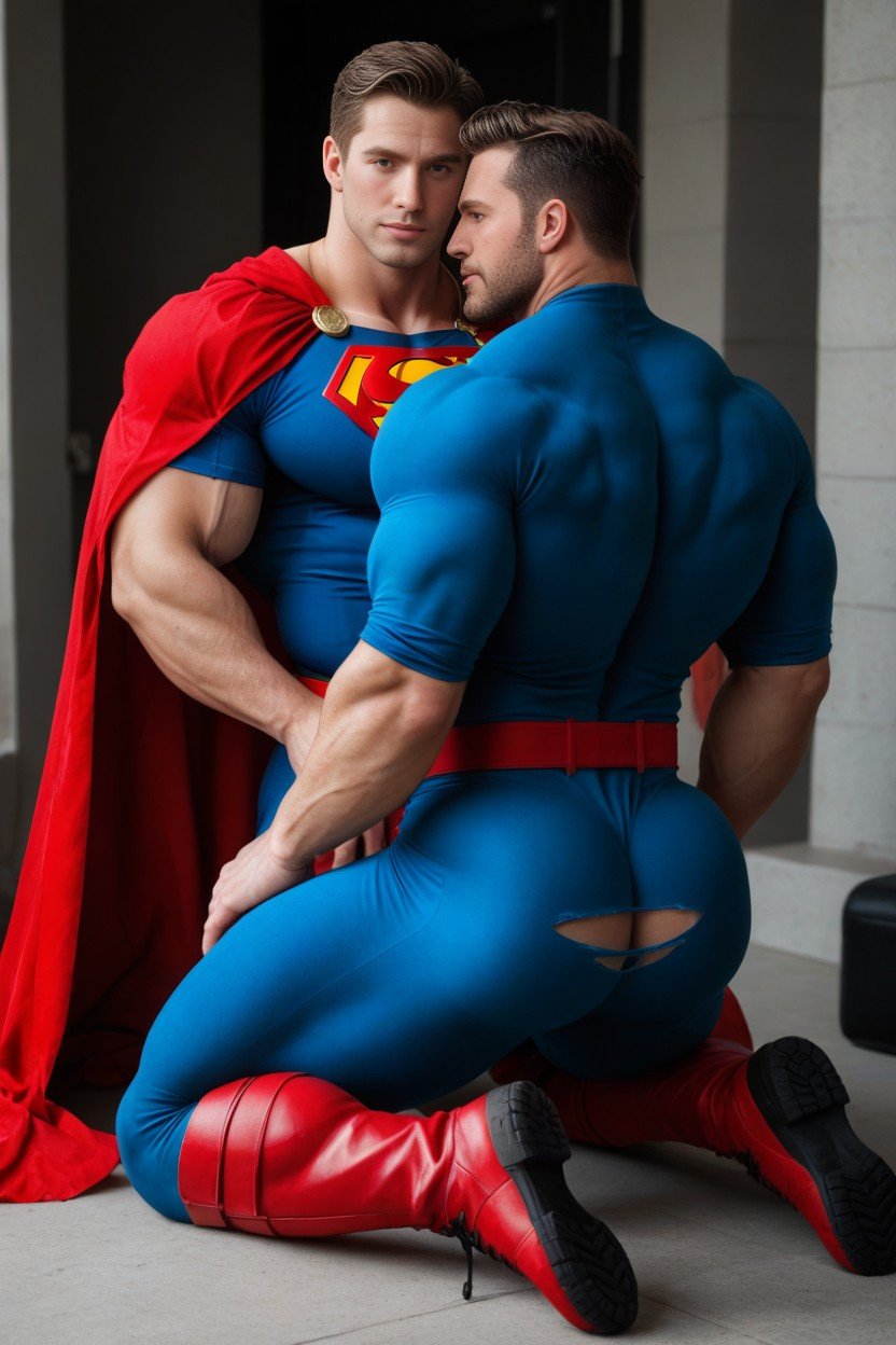 With Superman, Blue Lace Thong, Oversized Muscles AI Gay Porn