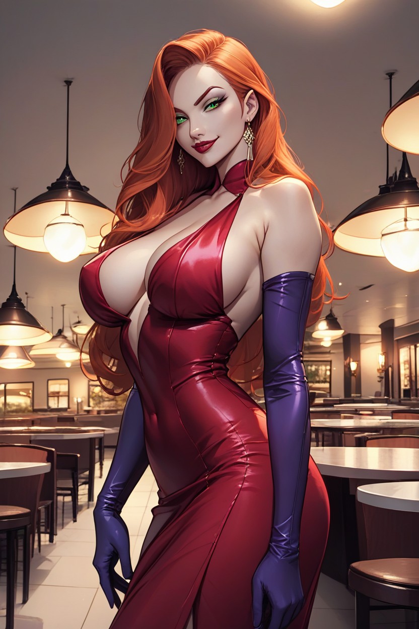 Standing Like Model, Close Up, Shoulderless Red Closed Dress Hentai AI Porn