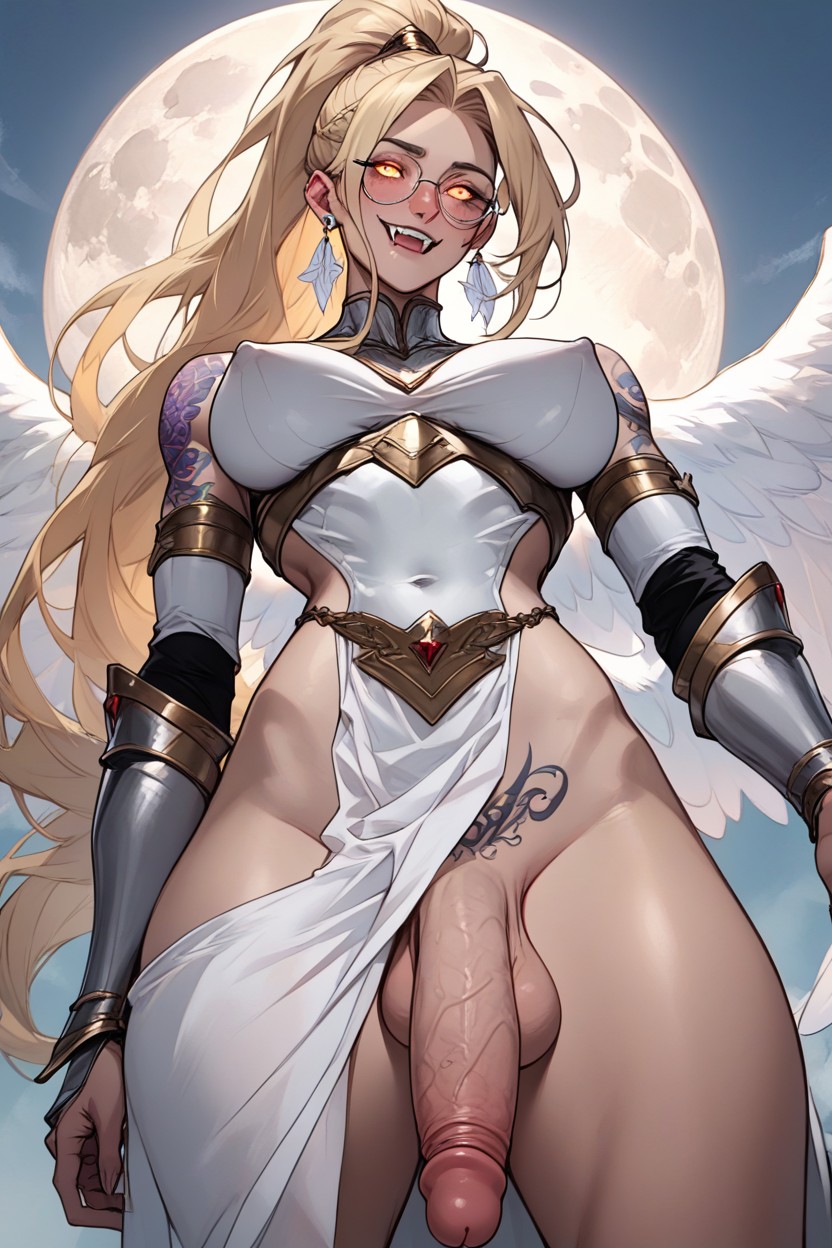 Long Blonde Hair With White Highlights, Large Cock, Head Cocked Back Shemale AI Porn