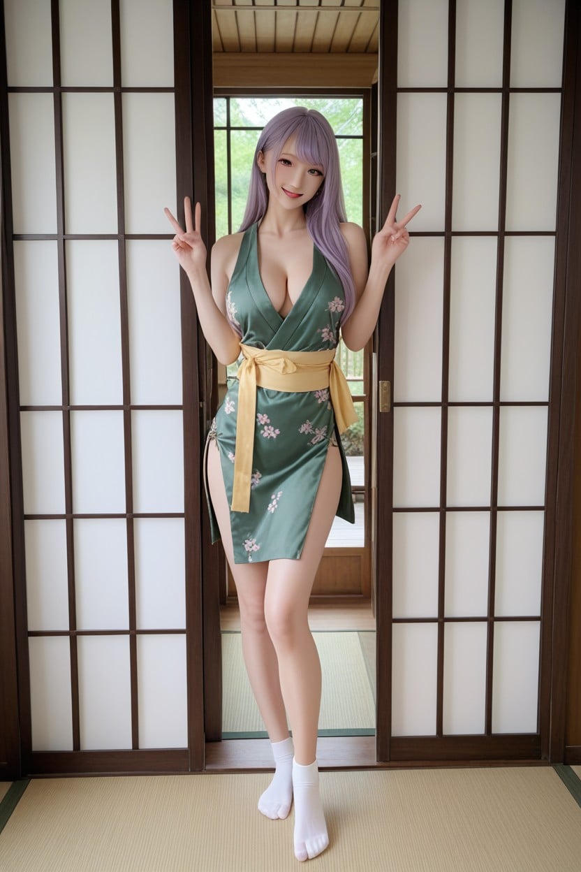 Skinny, Japanese Folding Screen With Intricate Pattern, White Tabi Socks Asian AI Porn