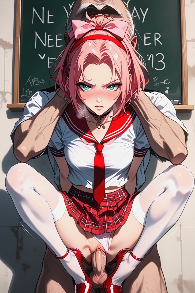 Bent Over The Blackboard, Red High Heels, Pink Pantie Hentai AI Porn