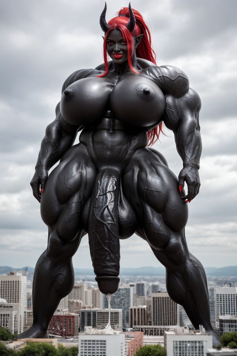Seductive Pose, Big Oni Horns, Giantess Shemale AI Porn