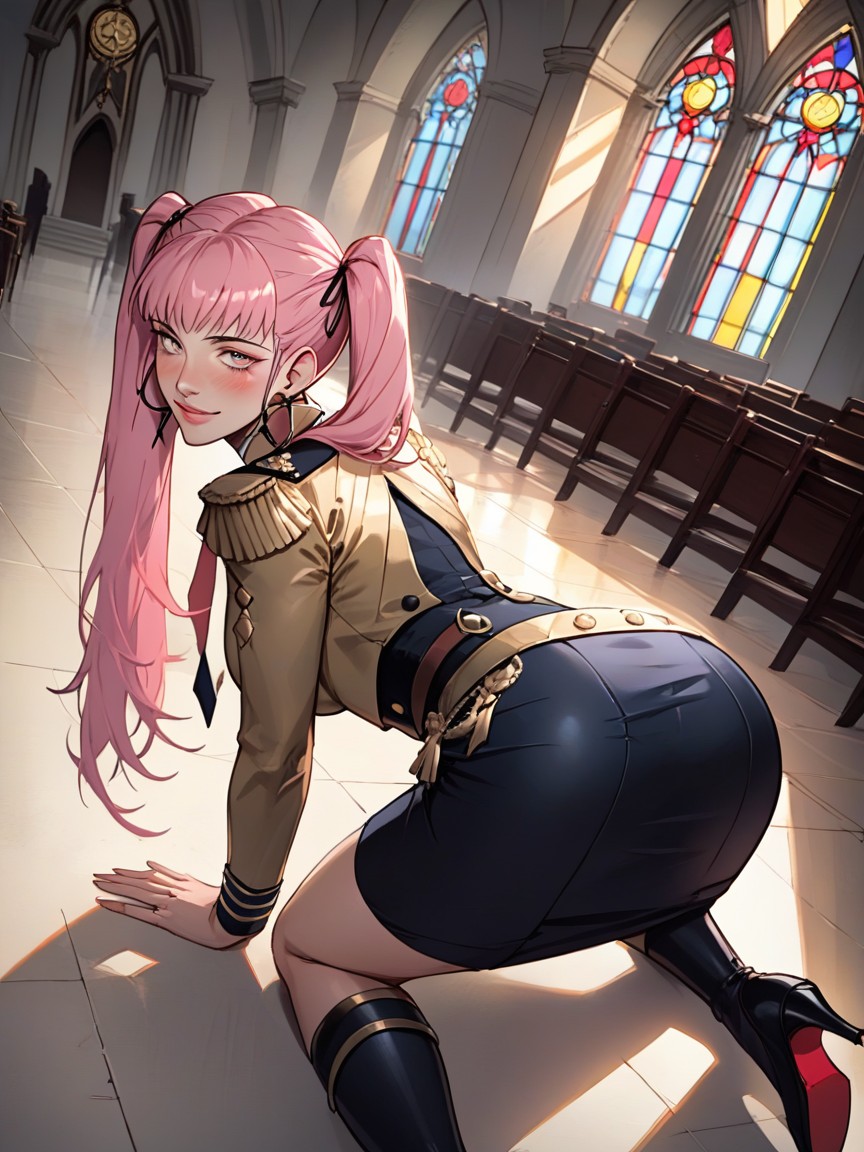 Round Eyes, With Long Pink Twin Ponytails Hanging Down, Realistic Character Hentai AI Porn