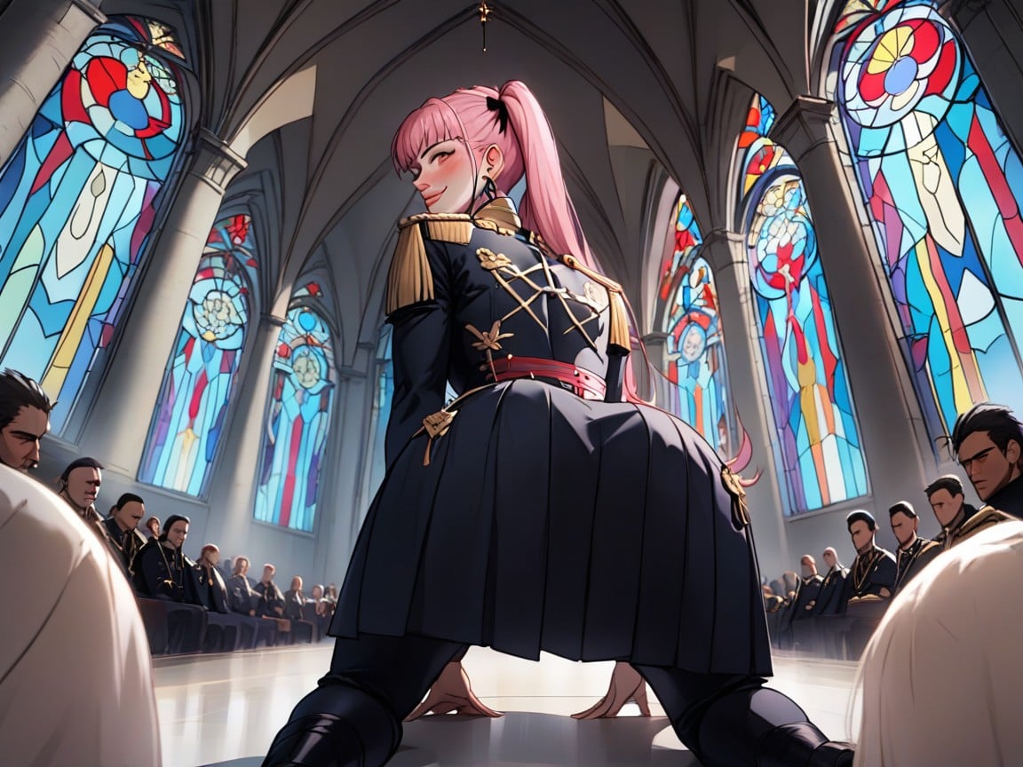 With Long Pink Twin Ponytails Hanging Down, Shiny Skin, Church Hentai AI Porn