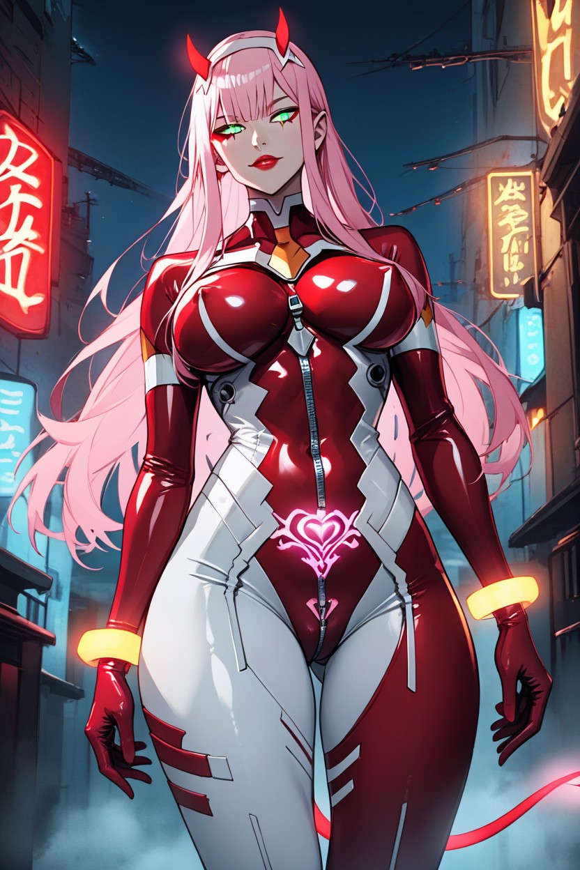 Zip Up Bodysuit, Neon Details Of A Latex Costume, Large Big Red Glowing Horns Hentai AI Porn